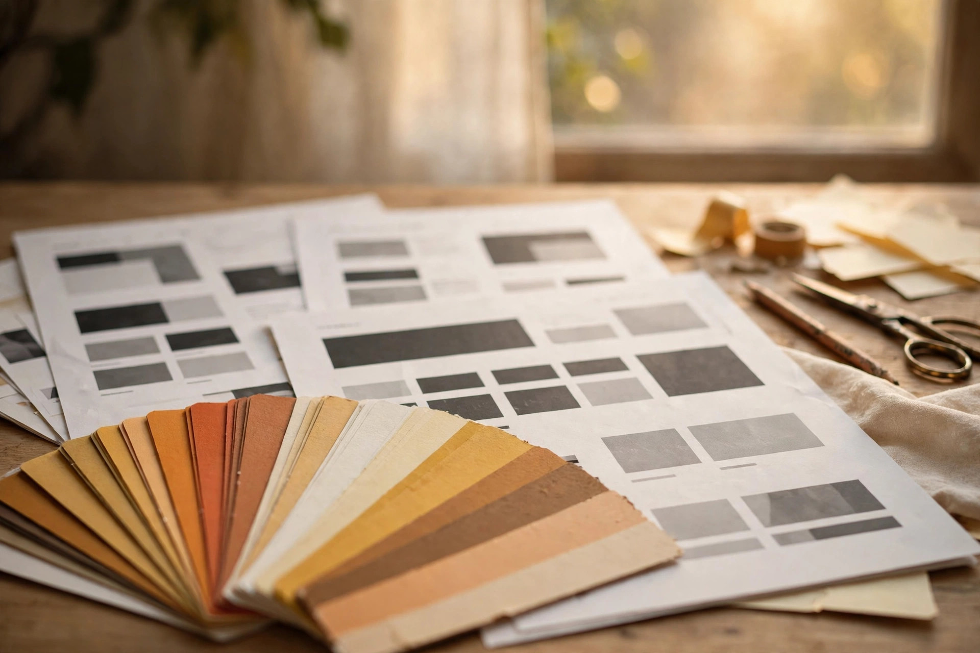 Mesa de trabajo con muestras de color y propuestas de diseño