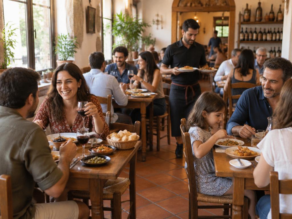 Comedor de un restaurante español con varias mesas ocupadas por clientes que comen y conversan contentos, un camarero con platos y luz natural entrando por los ventanales.