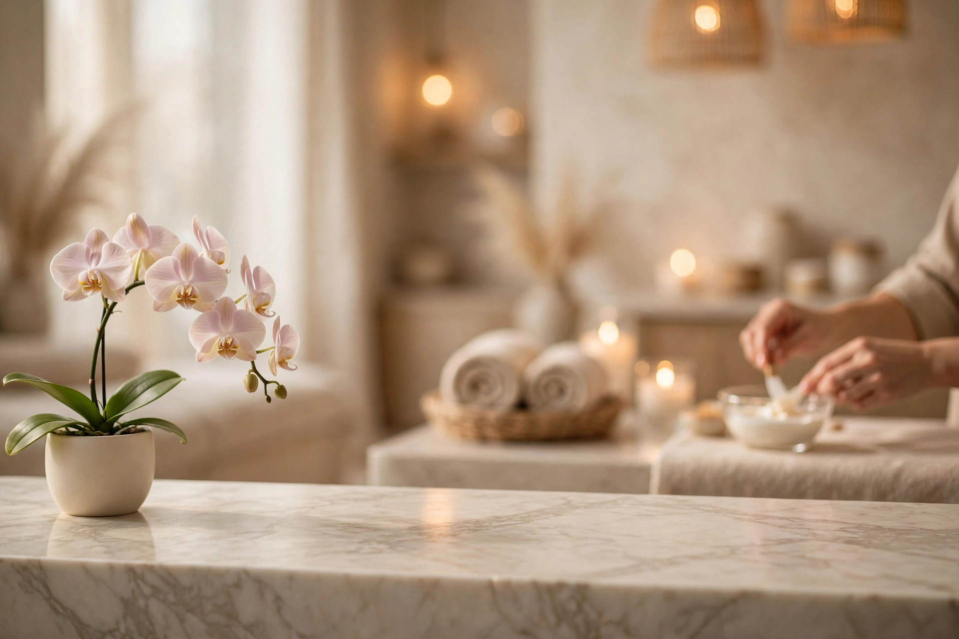Mesa de mármol con una orquídea rosa en maceta; al fondo, desenfocado, un espacio de spa cálido con toallas y velas.