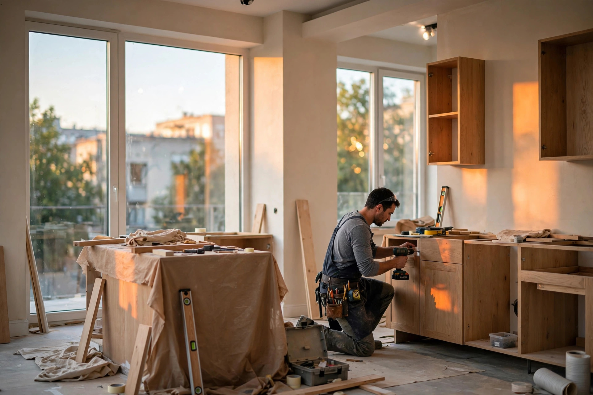 Carpintero instalando muebles de cocina de madera clara durante una reforma, con luz cálida al atardecer.